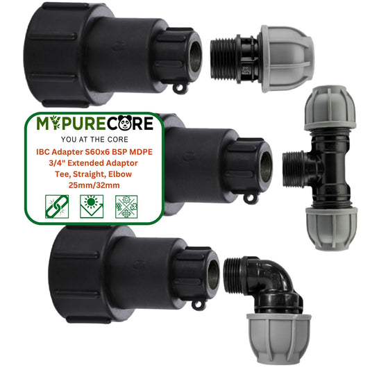 IBC Adapter S60x6 BSP MDPE Fittings 3/4" Extended Adaptor - Tee, Straight, Elbow 25mm & 32mm