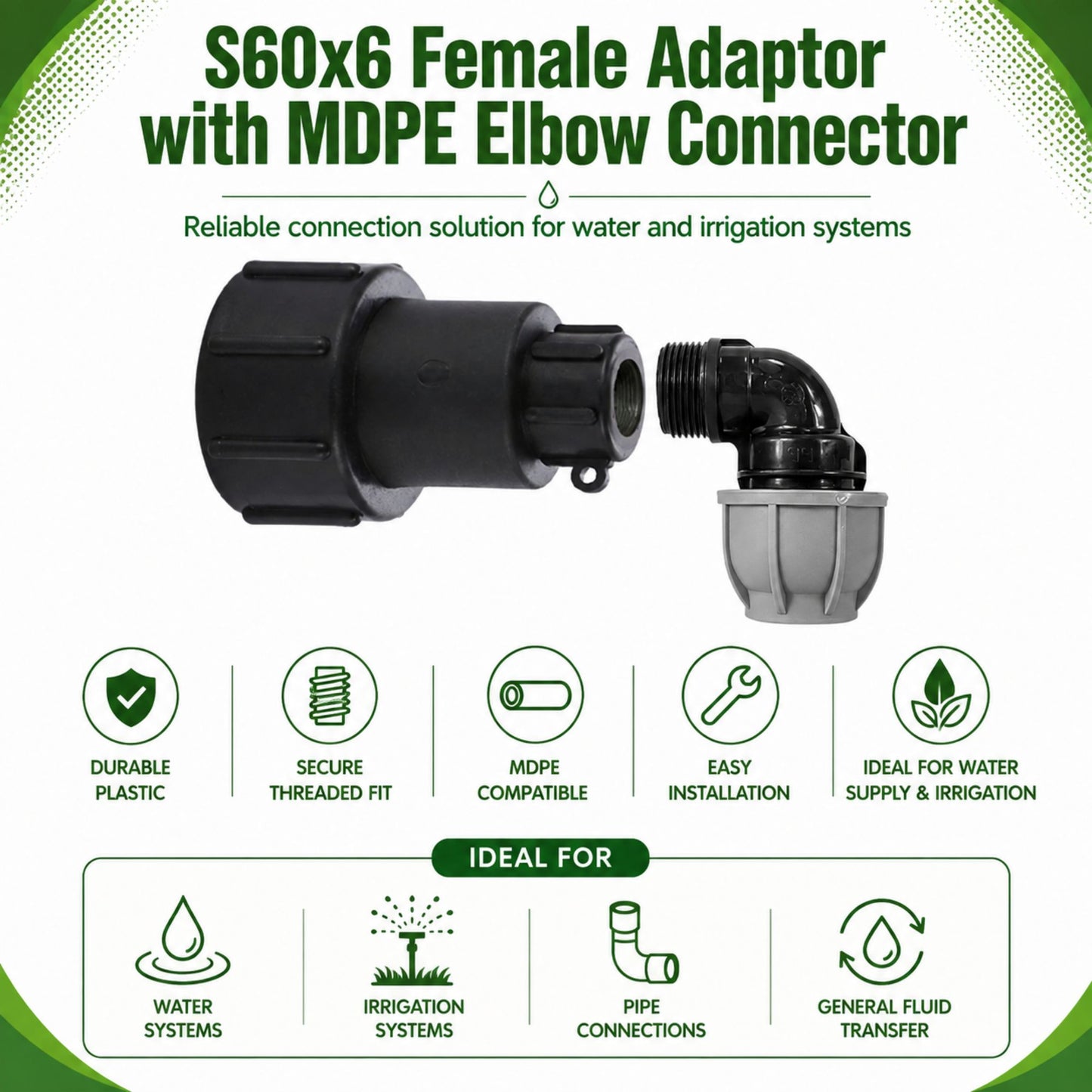 IBC Adapter S60x6 BSP MDPE Fittings 3/4" Extended Adaptor - Tee, Straight, Elbow 25mm & 32mm