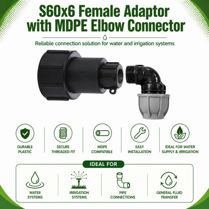 IBC Adapter S60x6 BSP MDPE Fittings 3/4" Extended Adaptor - Tee, Straight, Elbow 25mm & 32mm