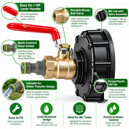 IBC 155mm Top Cap with Metal Lever Valve Hose Connector Water Tank 1/2 inch
