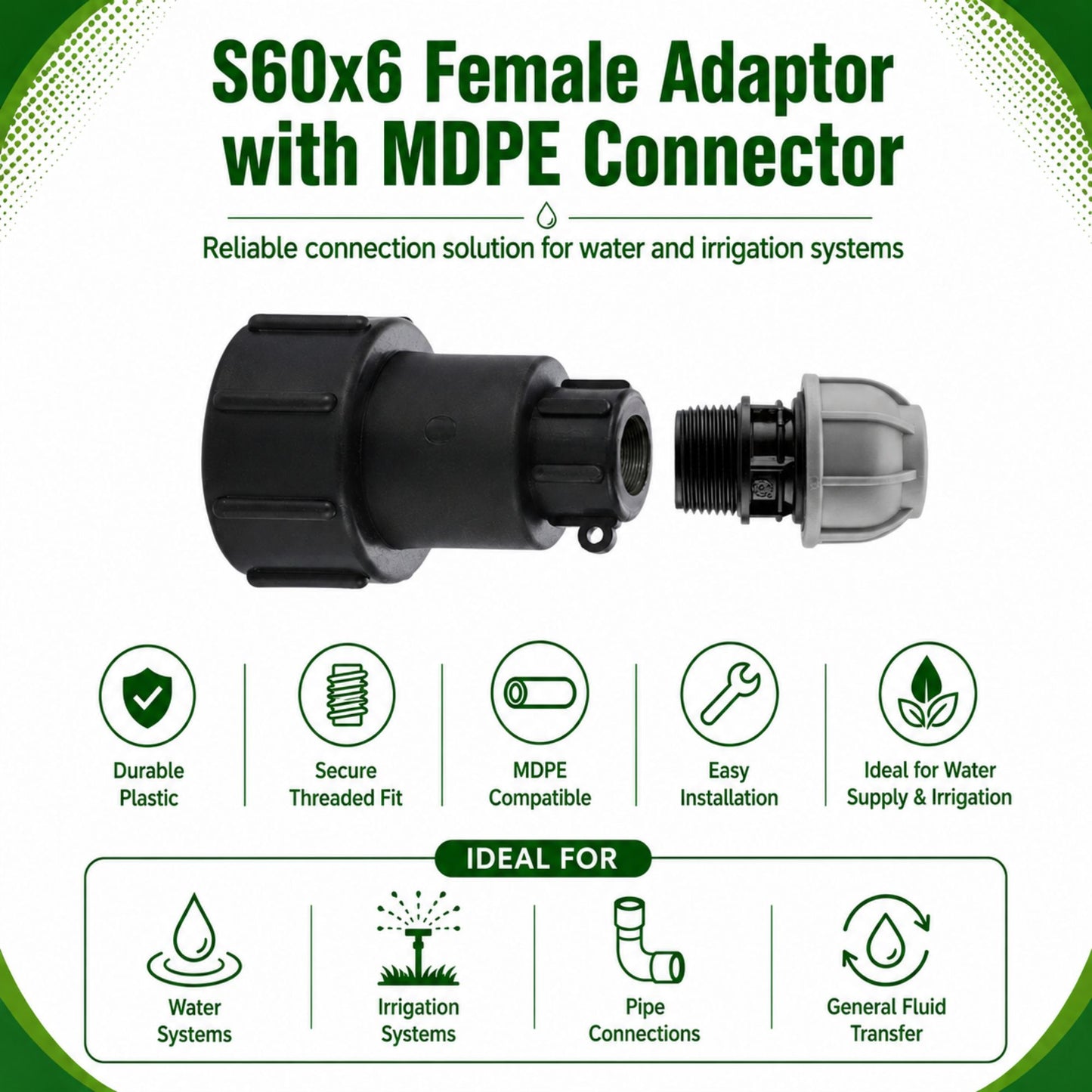 IBC Adapter S60x6 BSP MDPE Fittings 3/4" Extended Adaptor - Tee, Straight, Elbow 25mm & 32mm