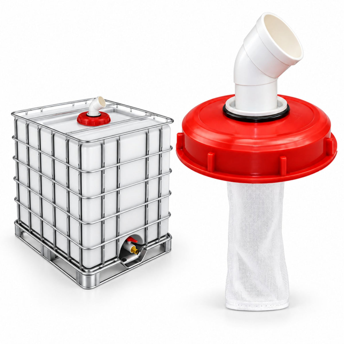 IBC Tank Lid 225mm Screw Cap with 45 Degree Elbow Outlet & Mesh Filter Bag