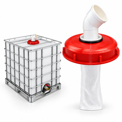 IBC Tank Lid 225mm Screw Cap with 45 Degree Elbow Outlet & Mesh Filter Bag