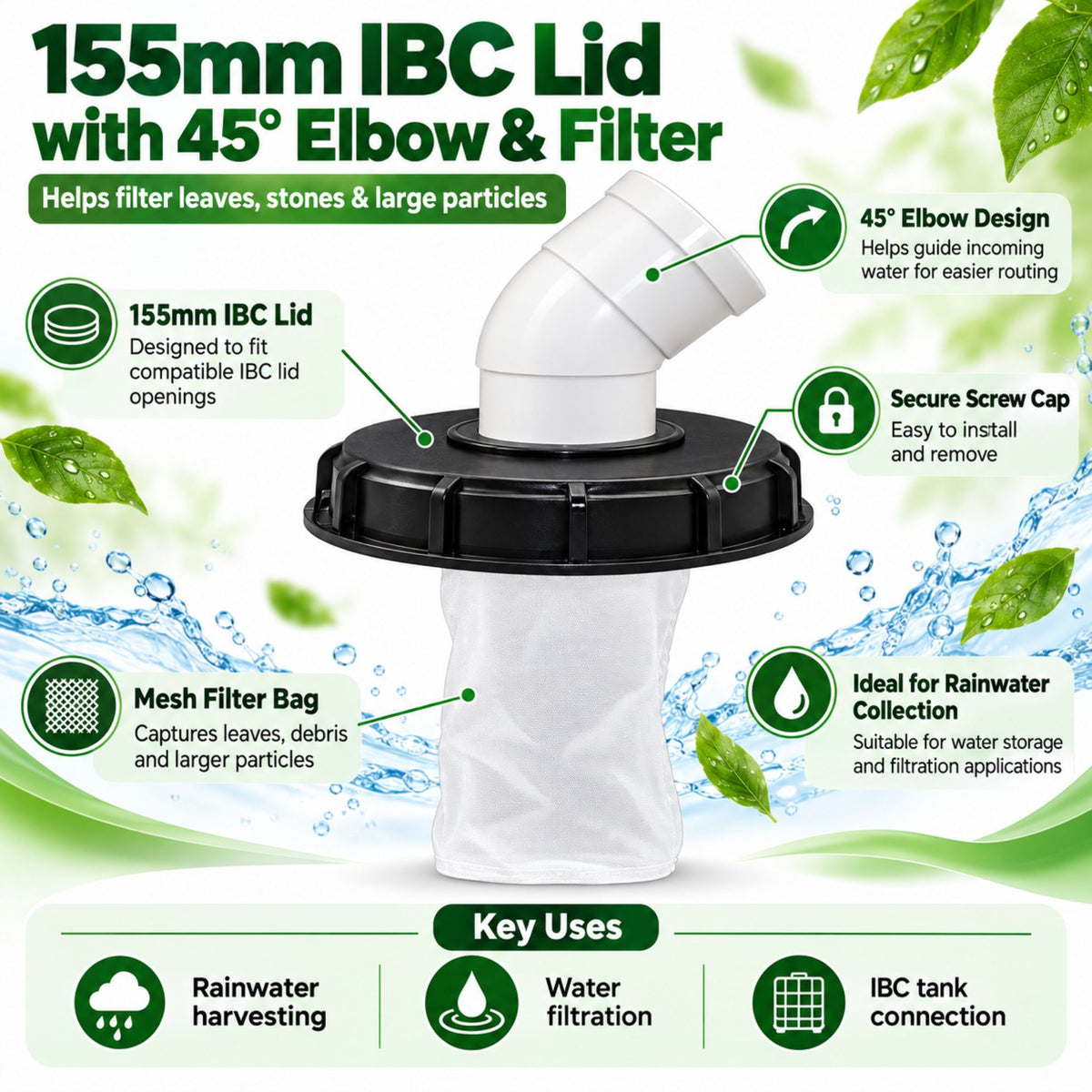 IBC Lid Tank Cap Elbow Outlet Filter Cap 155mm 45 Degree Black