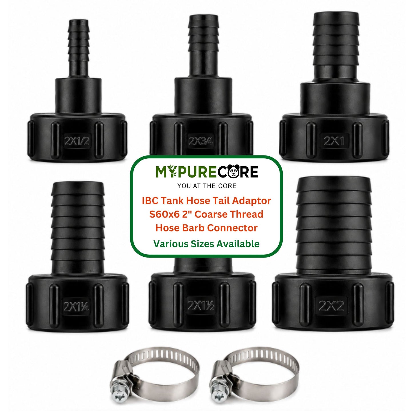 IBC Tank Hose Tail Adaptor S60x6 2" Coarse Thread Hose Barb Connector - Various Sizes