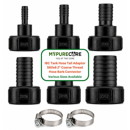 IBC Tank Hose Tail Adaptor S60x6 2" Coarse Thread Hose Barb Connector - Various Sizes