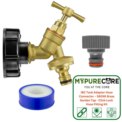 IBC Tank Adapter Hose Connector S60X6 - Brass Garden Tap Quick Connector + Female Tap Connector & PTFE Tape