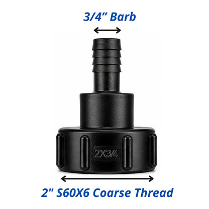 IBC Tank Hose Tail Adaptor S60x6 2" Coarse Thread Hose Barb Connector - Various Sizes