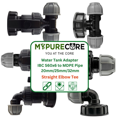 Water Tank Adapter IBC S60x6 to MDPE Pipe 20mm/25mm/32mm - Straight, Elbow, Tee