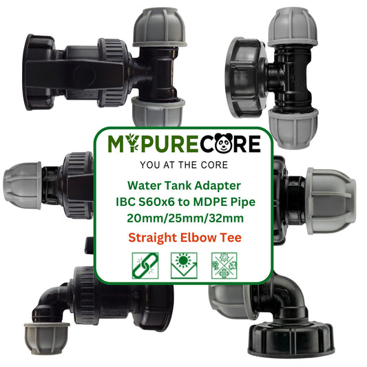 Water Tank Adapter IBC S60x6 to MDPE Pipe 20mm/25mm/32mm - Straight, Elbow, Tee