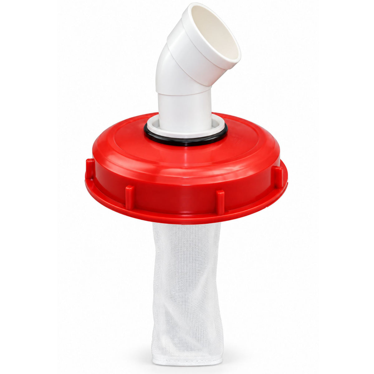 IBC Tank Lid 225mm Screw Cap with 45 Degree Elbow Outlet & Mesh Filter Bag