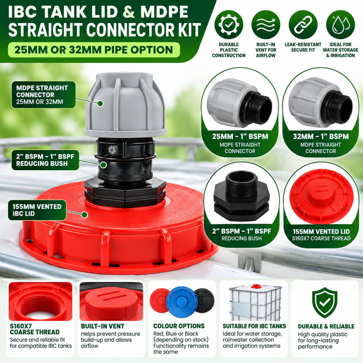 IBC 6 inch Tank Lid 155mm Vented Cap MDPE Pipe Connector 25mm 32mm Straight Elbow Kit