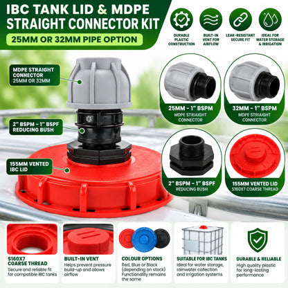 IBC 6 inch Tank Lid 155mm Vented Cap MDPE Pipe Connector 25mm 32mm Straight Elbow Kit