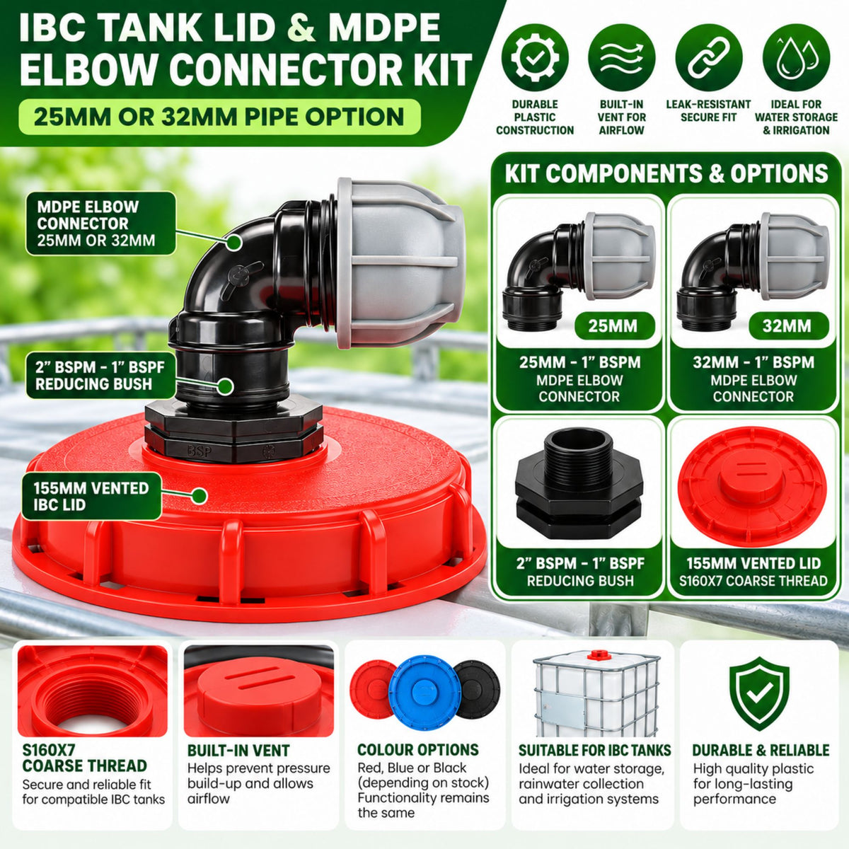 IBC 6 inch Tank Lid 155mm Vented Cap MDPE Pipe Connector 25mm 32mm Straight Elbow Kit