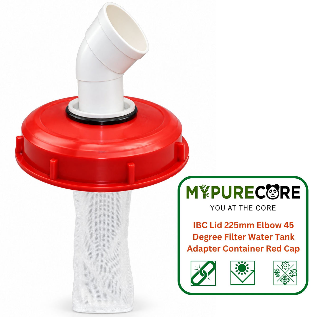 IBC Tank Lid 225mm Screw Cap with 45 Degree Elbow Outlet & Mesh Filter Bag