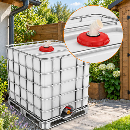 IBC Tank Lid 225mm Screw Cap with 45 Degree Elbow Outlet & Mesh Filter Bag