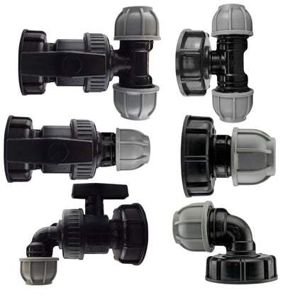 Water Tank Adapter IBC S60x6 to MDPE Pipe 20mm/25mm/32mm - Straight, Elbow, Tee