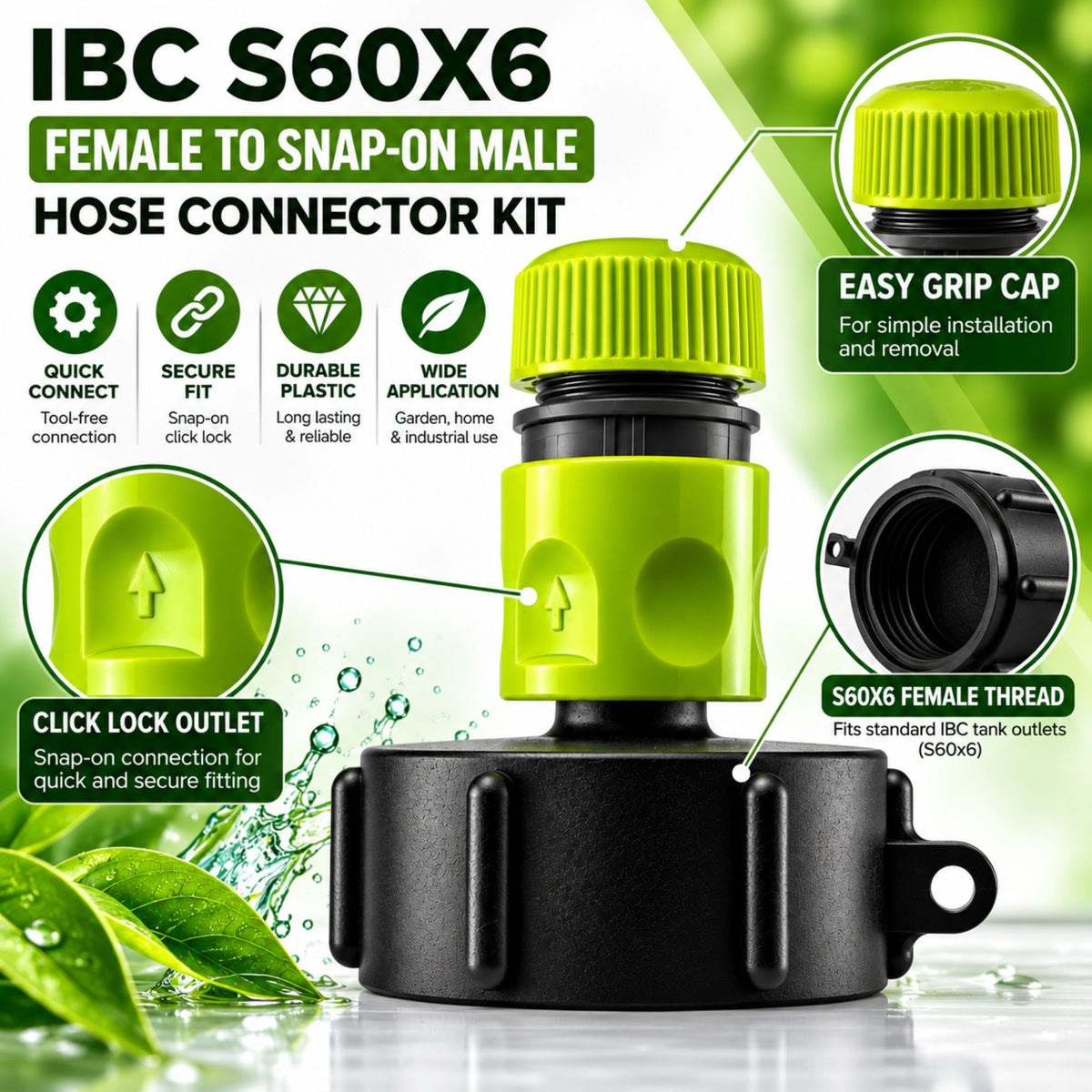 IBC 2" S60X6 Thread Black Cap Hose Connector Snap on Male Adaptor Tank Fitting