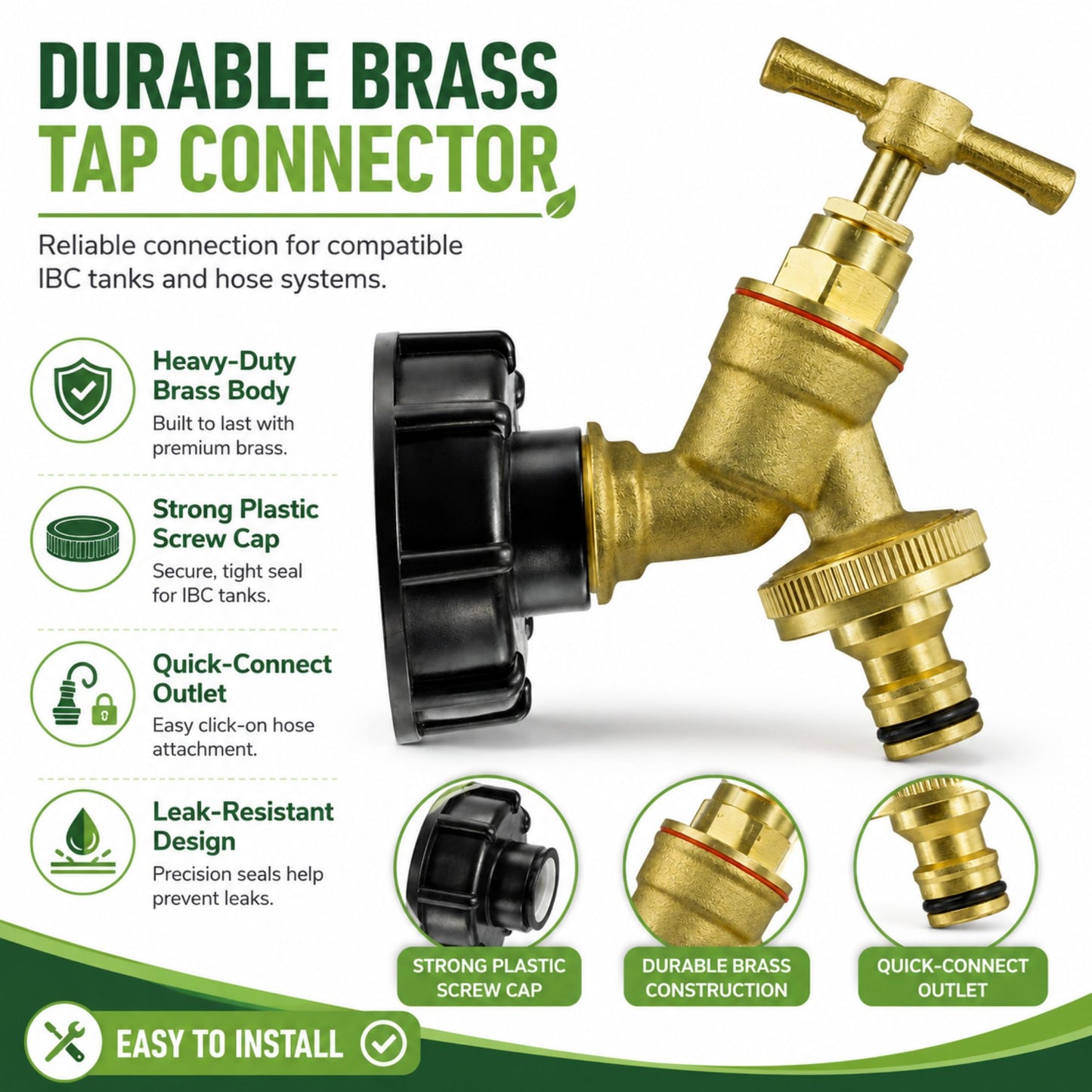 IBC Tank Adapter Hose Connector S60X6 - Brass Garden Tap Quick Connector + Female Tap Connector & PTFE Tape
