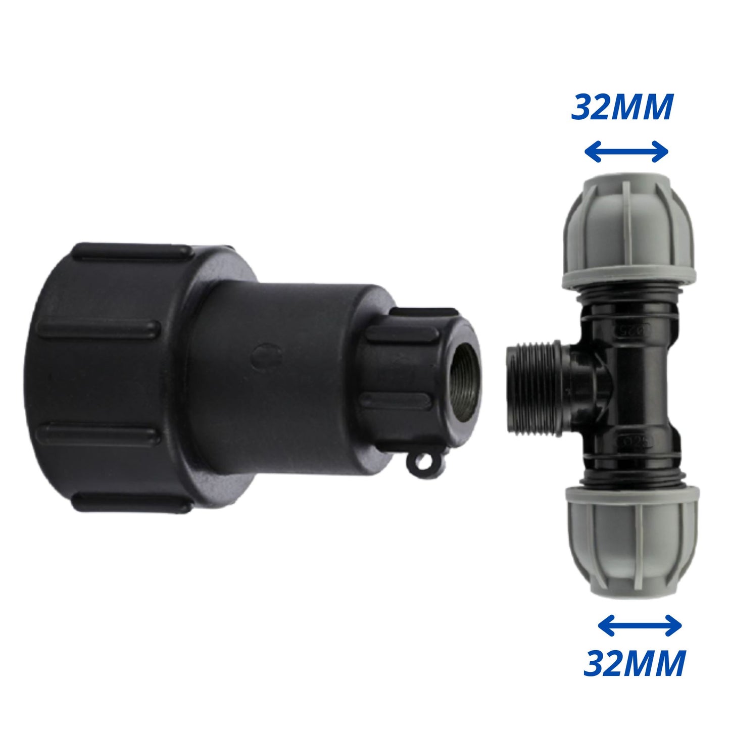 IBC Adapter S60x6 BSP MDPE Fittings 3/4" Extended Adaptor - Tee, Straight, Elbow 25mm & 32mm