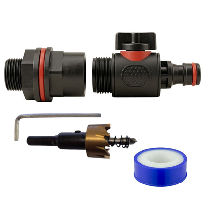 Garden Water Butt Tap Kit with Drill Bit – Rain Barrel Adapter 3/4" BSP Hose Connector with Tap Options, Washers & PTFE Tape for Water Tank, IBC & Garden Irrigation Systems