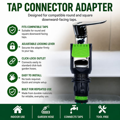 Tap Connector Adapter for Round & Square Taps | Adjustable Click-Lock Hose Fitting with 1/2" & 5/8" Female Connector