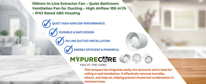 Quiet 100mm In-Line Extractor Fan – High Airflow Bathroom Ventilation Fan for Ducting, 100 m³/h, IPX2 Rated, Durable ABS Housing – Perfect for Toilet, Kitchen, Home & Office