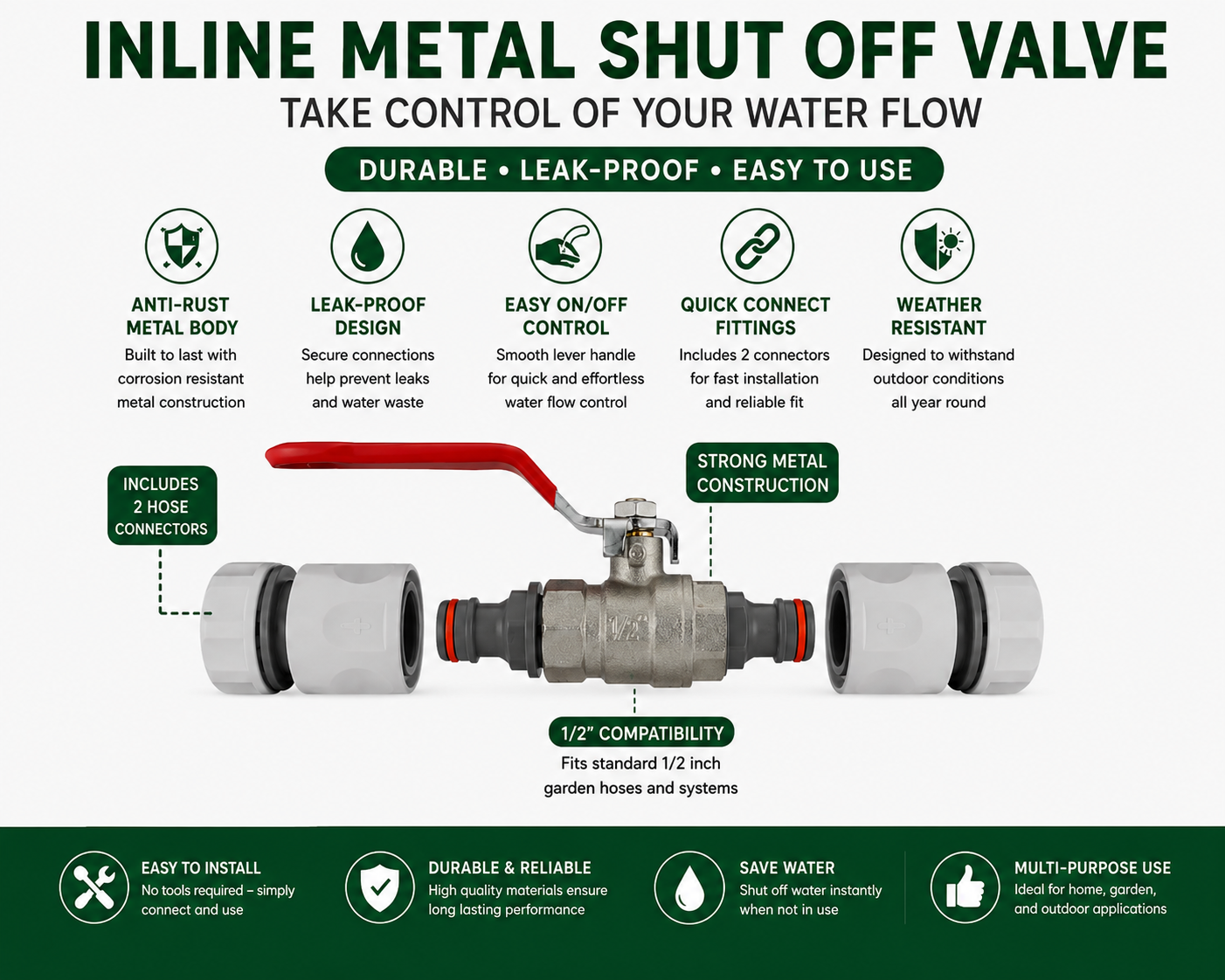Garden Hose Inline Metal Tap Valve 1/2" with 2 Connectors & PTFE Tape | Water Shut Off Ball Valve for Irrigation, Sprinklers & Hosepipes