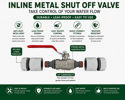 Garden Hose Inline Metal Tap Valve 1/2" with 2 Connectors & PTFE Tape | Water Shut Off Ball Valve for Irrigation, Sprinklers & Hosepipes