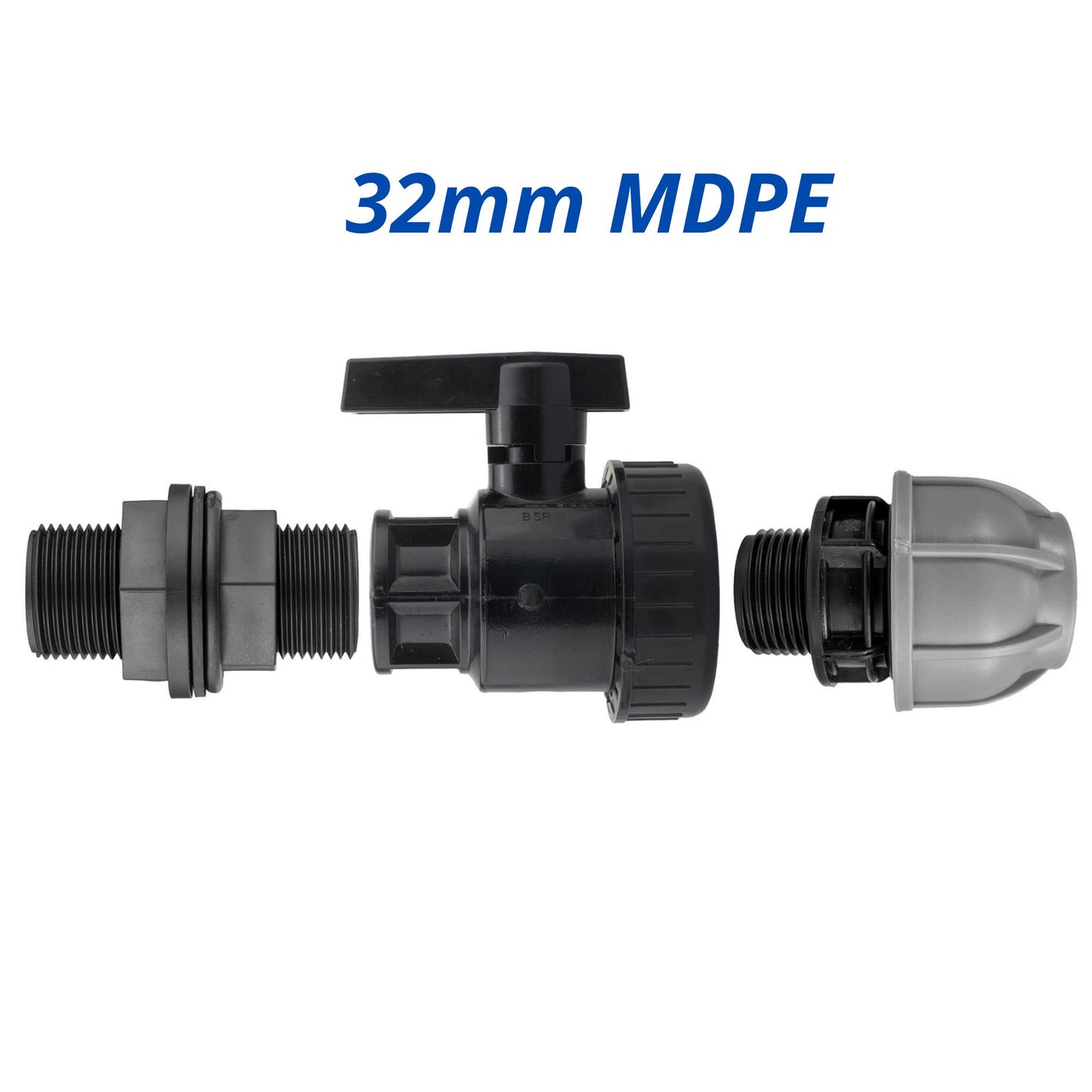 Water Butt Connector Kit 3/4" BSP with Full Flow PP Ball Valve & MDPE Straight Compression Fitting 20mm 25mm 32mm for Rainwater Tanks & Irrigation