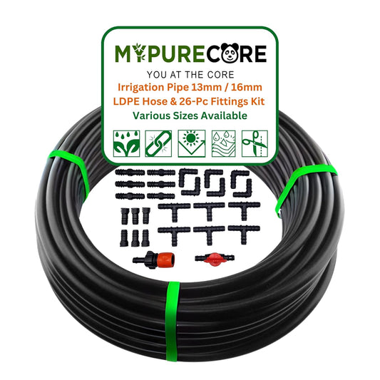 Irrigation Pipe 13mm / 16mm & 26-Pc Fittings Kit – LDPE Garden Watering Hose Set – Heavy Duty UV Resistant Tubing