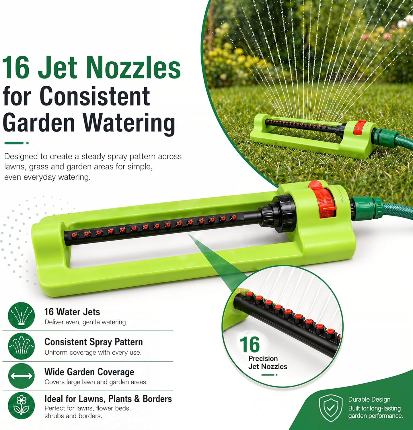 Garden Sprinkler Oscillating - 16 Jet Nozzles Adjustable Lawn Water Sprayer