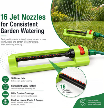 Garden Sprinkler Oscillating - 16 Jet Nozzles Adjustable Lawn Water Sprayer