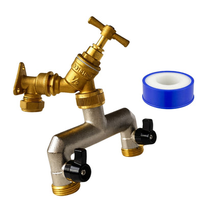 Garden Outdoor Tap Kit with 15mm Brass Compression Wall Plate – Tap Options with Hose Connector Compatibility, PTFE Tape Included for Garden Watering, Irrigation, Outdoor Use