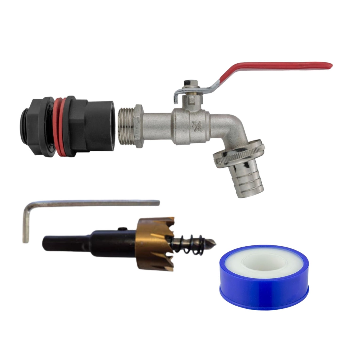 Garden Water Butt Tap Kit with Drill Bit – Rain Barrel Adapter 3/4" BSP Hose Connector with Tap Options, Washers & PTFE Tape for Water Tank, IBC & Garden Irrigation Systems
