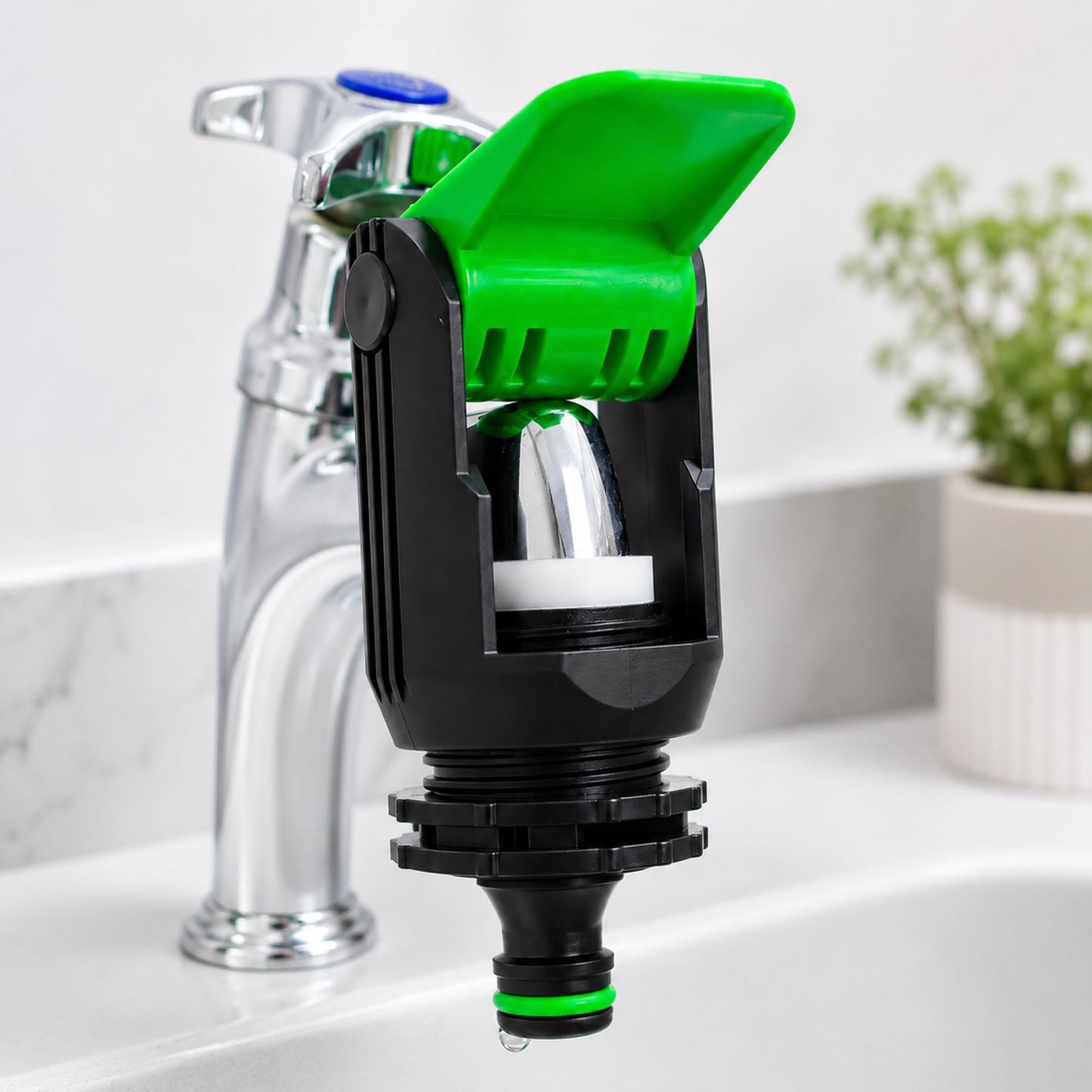 Tap Connector Adapter for Round & Square Taps | Adjustable Click-Lock Hose Fitting with 1/2" & 5/8" Female Connector