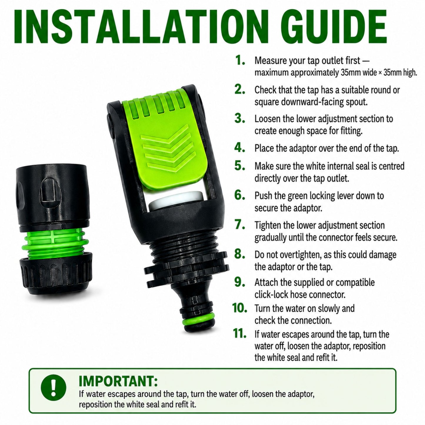 Tap Connector Adapter for Round & Square Taps | Adjustable Click-Lock Hose Fitting with 1/2" & 5/8" Female Connector