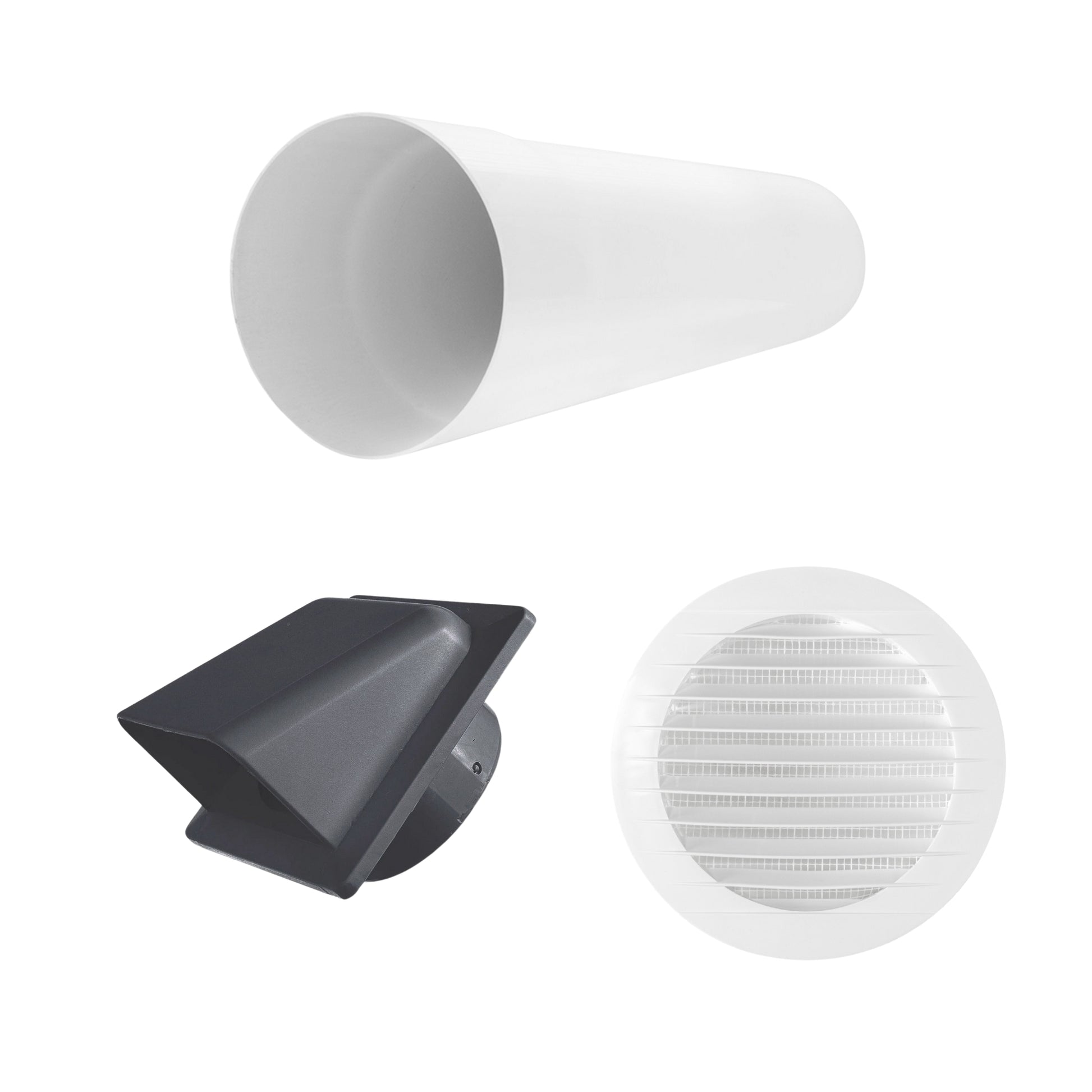 Through Wall Ventilation Kit – Round Louvre Vent with Fly Mesh, 50cm Rigid Duct Pipe & White External Hooded Cover with Damper – Durable Wall Air Vent for Bathroom, Kitchen & Home Use