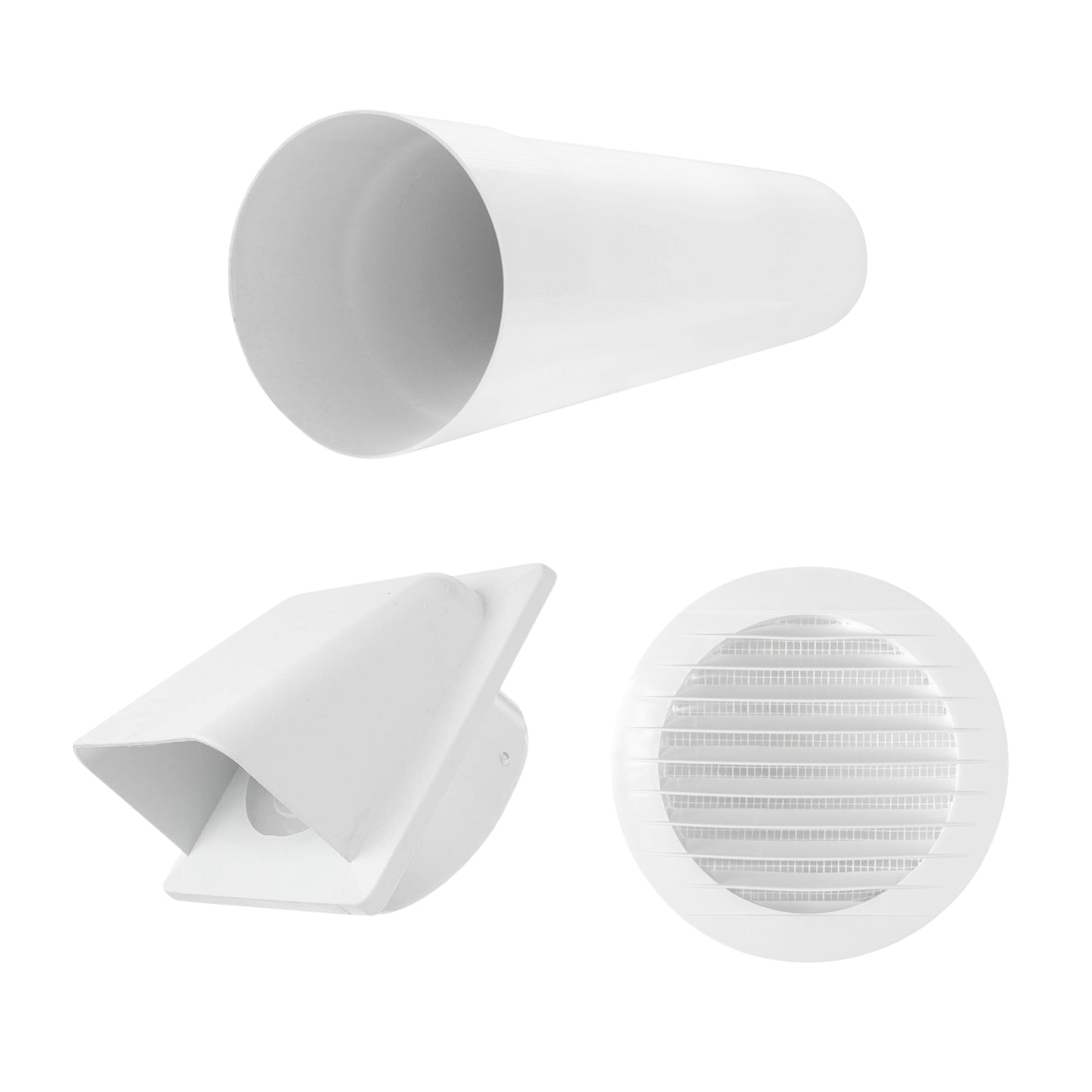 Through Wall Ventilation Kit – Round Louvre Vent with Fly Mesh, 50cm Rigid Duct Pipe & White External Hooded Cover with Damper – Durable Wall Air Vent for Bathroom, Kitchen & Home Use