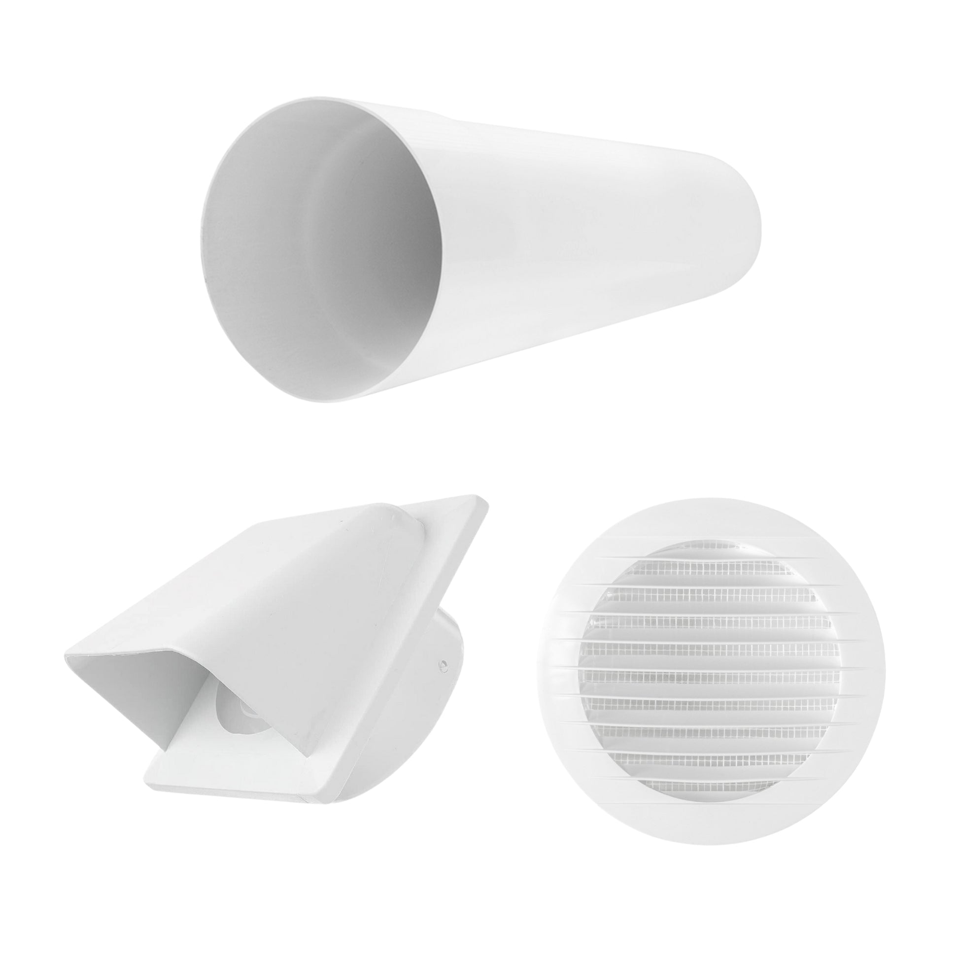 Through Wall Ventilation Kit – Round Louvre Vent with Fly Mesh, 50cm Rigid Duct Pipe & White External Hooded Cover with Damper – Durable Wall Air Vent for Bathroom, Kitchen & Home Use