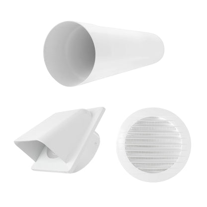 Through Wall Ventilation Kit – Round Louvre Vent with Fly Mesh, 50cm Rigid Duct Pipe & White External Hooded Cover with Damper – Durable Wall Air Vent for Bathroom, Kitchen & Home Use