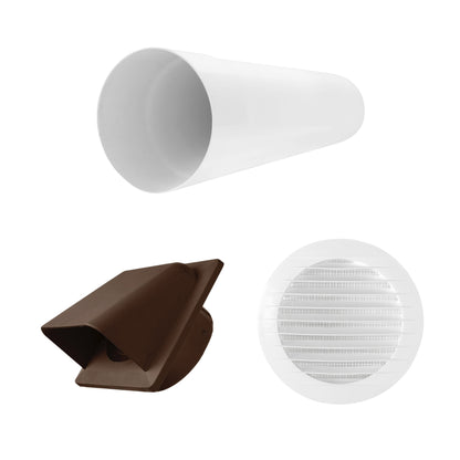 Through Wall Ventilation Kit – Round Louvre Vent with Fly Mesh, 50cm Rigid Duct Pipe & White External Hooded Cover with Damper – Durable Wall Air Vent for Bathroom, Kitchen & Home Use