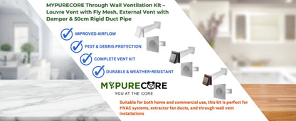 Through Wall Ventilation Kit – Louvre Vent with Fly Mesh, External Vent with Damper & 50cm Rigid Duct Pipe – Air Vent Cover for Bathroom, Kitchen, Home & Commercial Use
