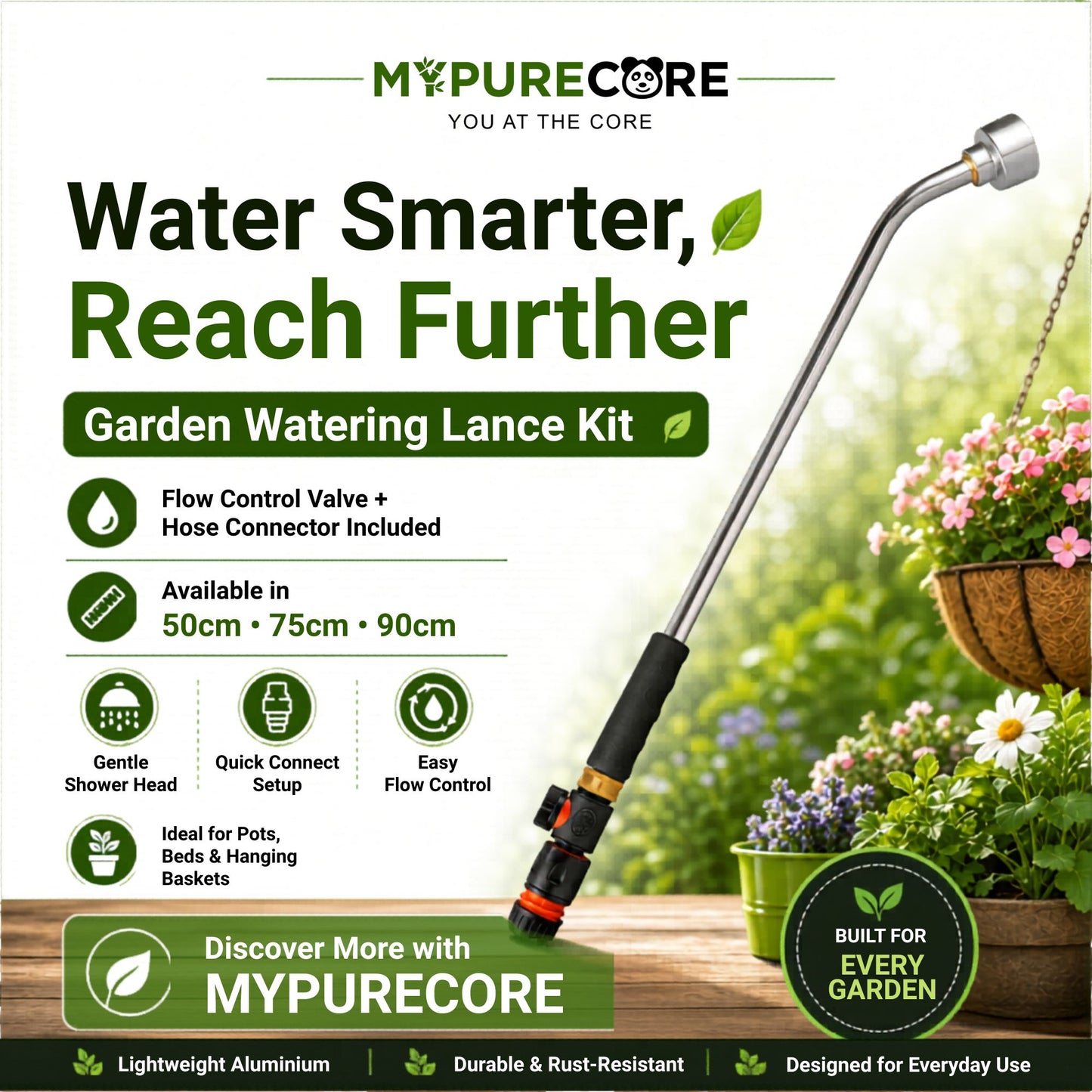 Watering Lance Kit 50cm 75cm 90cm Aluminium Garden Watering Wand with Flow Control Valve & Hose Connector for Plants, Pots, Borders, Raised Beds & Hanging Baskets