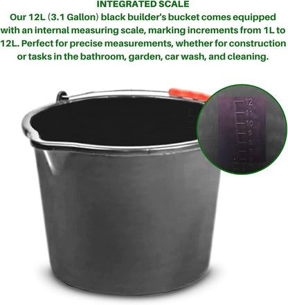 12L (3.1 Gallon) Black Plastic Bucket with Handles - Sturdy Bucket with Scale