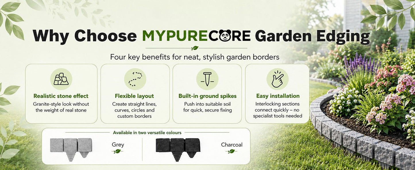 Lawn Edging Garden Border Stone Effect with Built-in Spikes, Flexible Interlocking Plastic Lawn & Flower Bed Edging for Paths, Patios, Borders & Landscaping