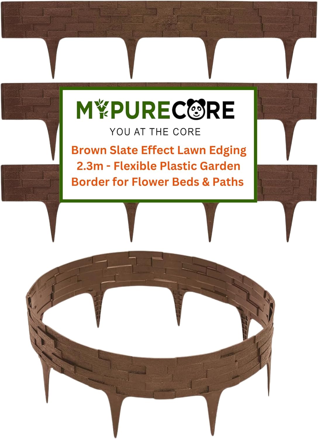 Black, Brown, Gray Stone Effect Lawn Edging 2.3m - Flexible Plastic Garden Border for Flower Beds & Paths | Weather-Resistant & Recyclable Palisade | Easy Install Edging for Grass, Gravel & Landscape