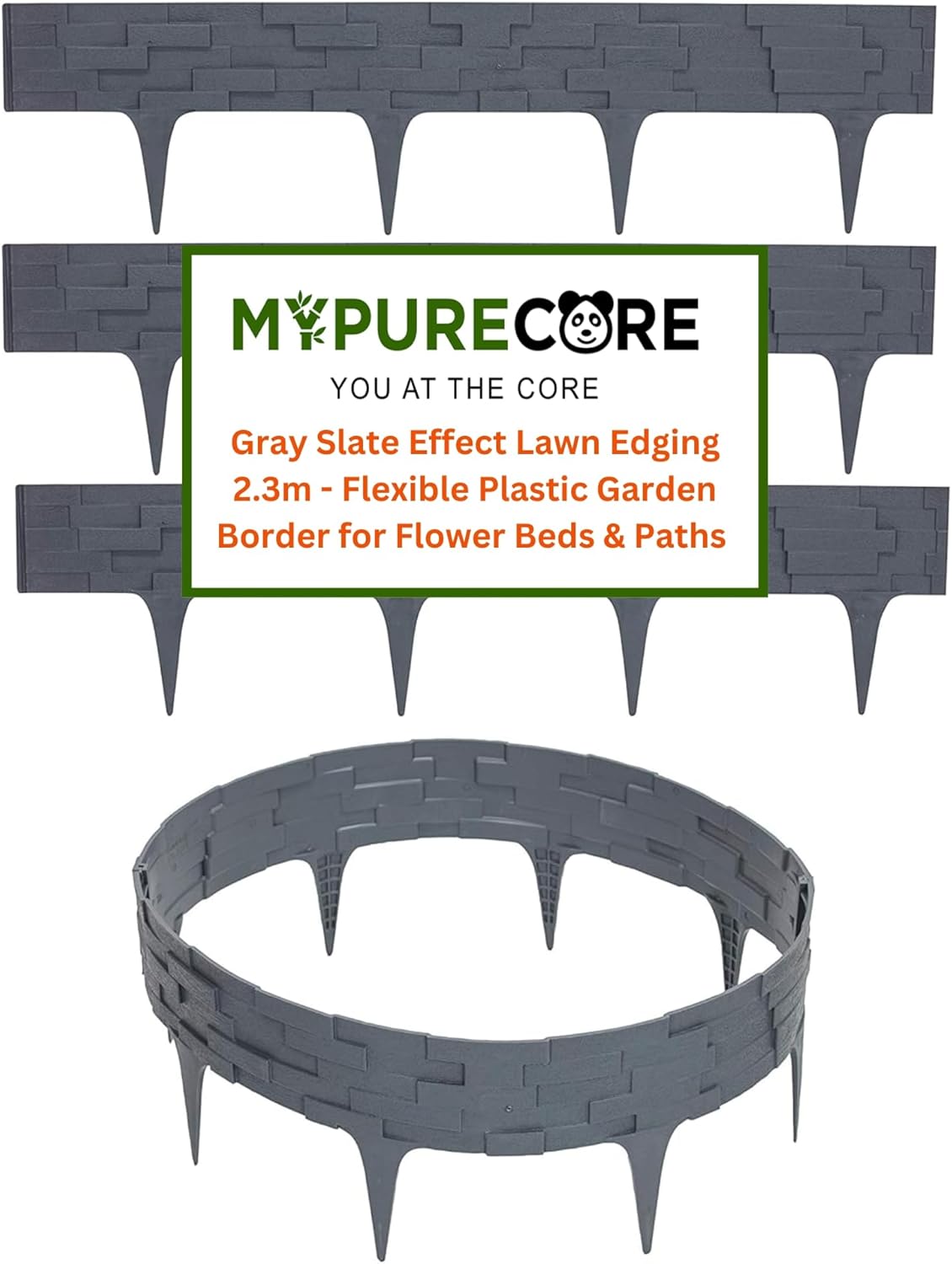 Black, Brown, Gray Stone Effect Lawn Edging 2.3m - Flexible Plastic Garden Border for Flower Beds & Paths | Weather-Resistant & Recyclable Palisade | Easy Install Edging for Grass, Gravel & Landscape