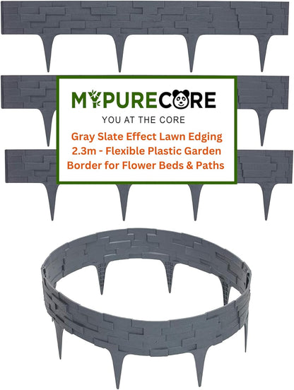 Black, Brown, Gray Stone Effect Lawn Edging 2.3m - Flexible Plastic Garden Border for Flower Beds & Paths | Weather-Resistant & Recyclable Palisade | Easy Install Edging for Grass, Gravel & Landscape
