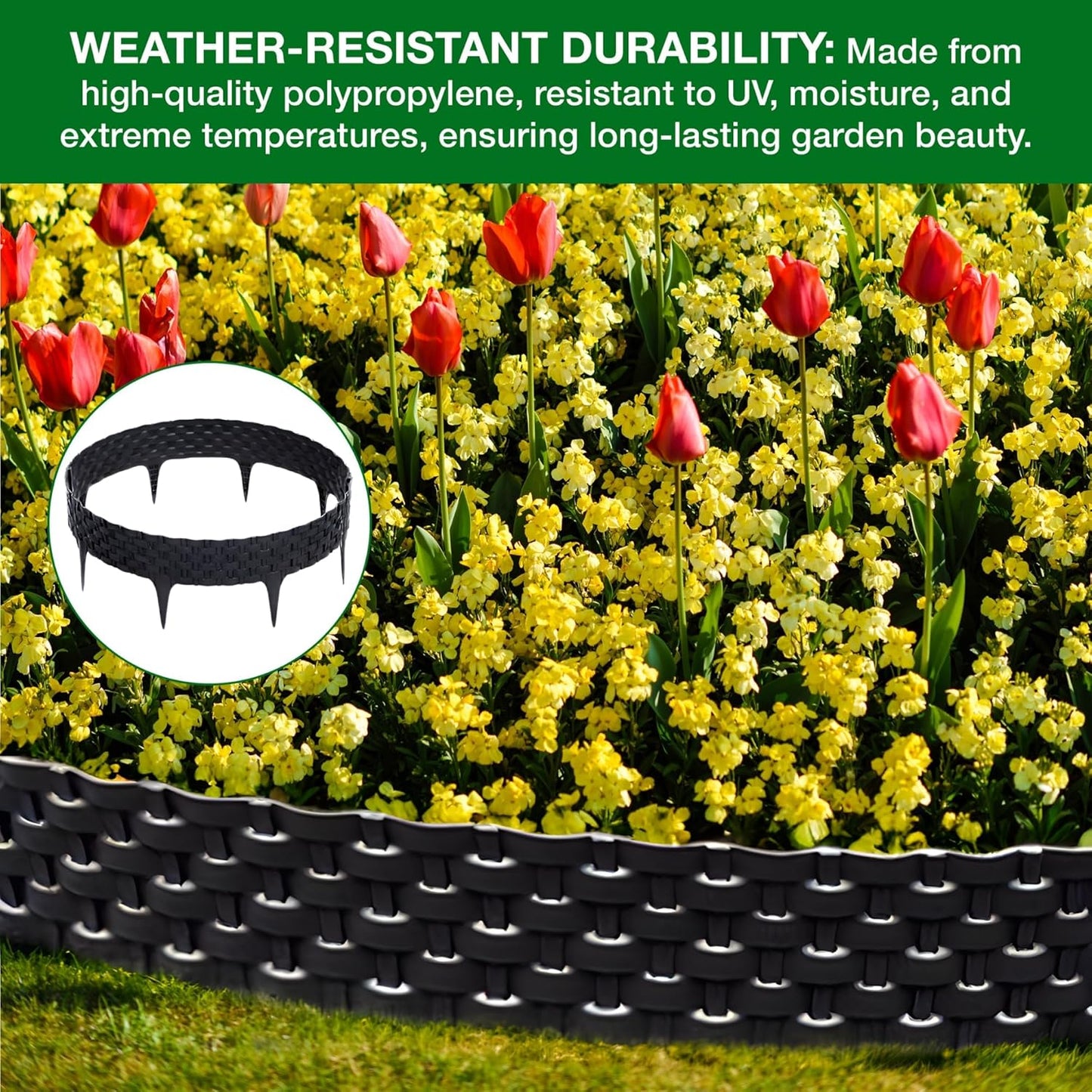 Black, Gray, Brown Rattan Effect Lawn Edging 2.4m - Flexible Plastic Garden Border for Flower Beds & Paths | Weather-Resistant & Recyclable Palisade | Easy Install Edging for Grass, Gravel & Landscape